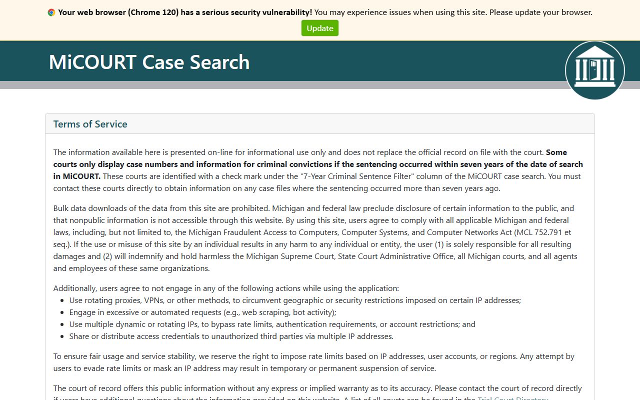 Arenac County court records after arrest MiCOURT case search interface