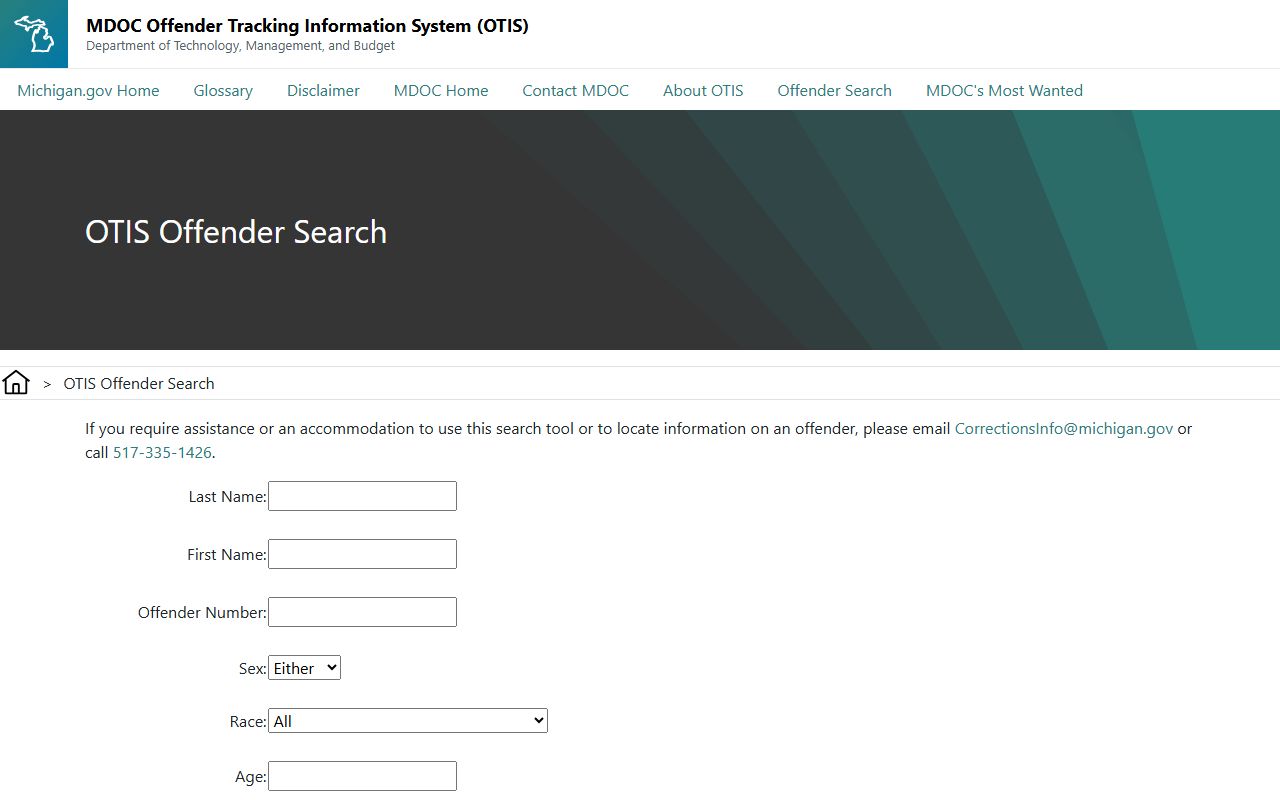 Arenac County inmate records MDOC OTIS offender search fields