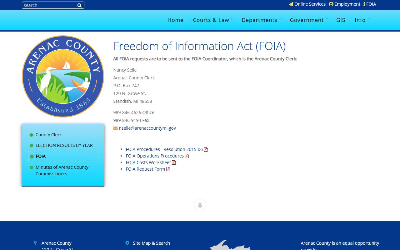 Arenac County jail mugshots FOIA request contact page for booking photos